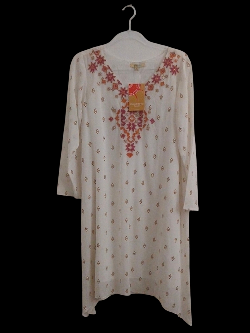 Global Desi India Ivory Tunic with Pink & Orange Embroidery Large NEW